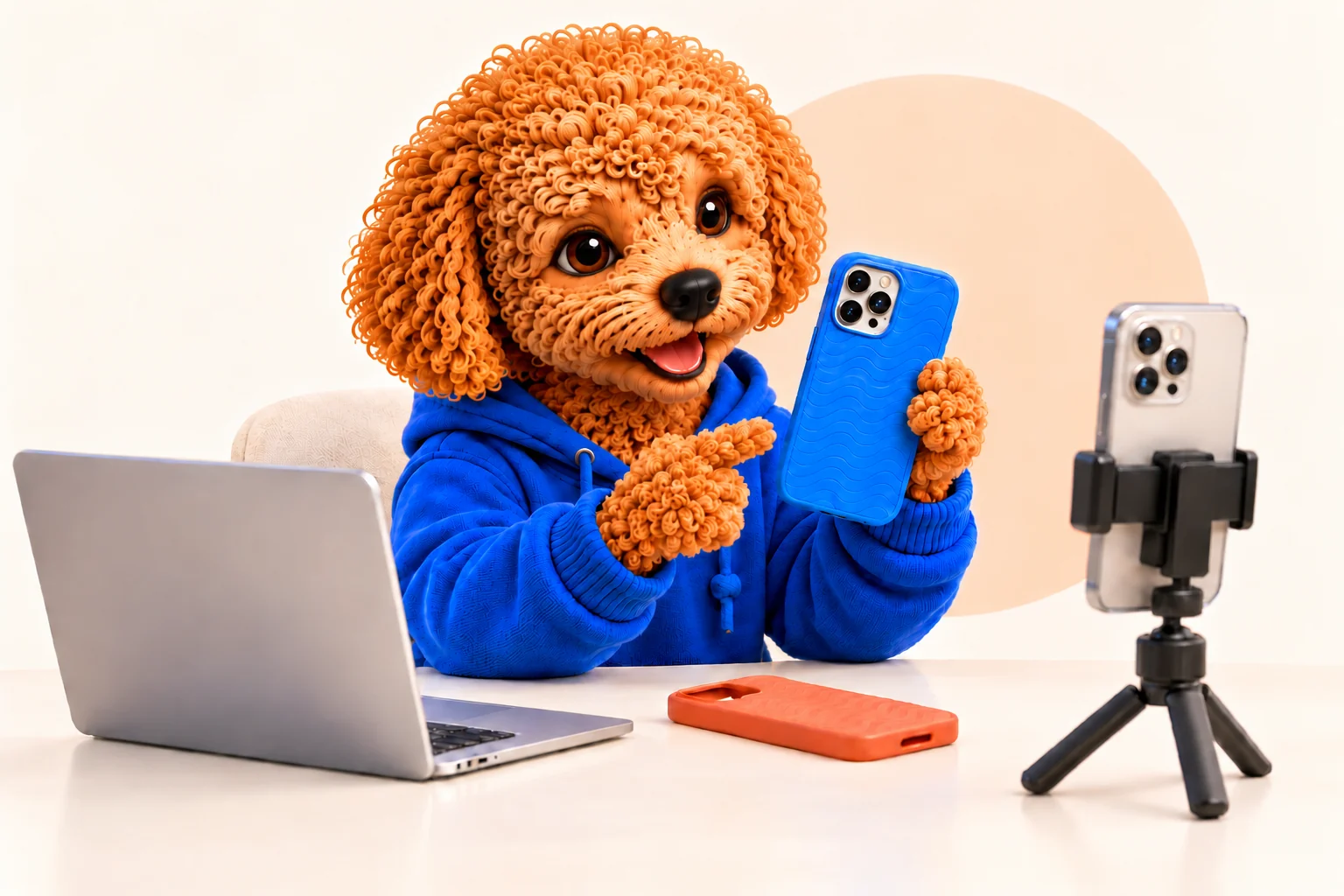 Maskot Top4Mobile tvorí video o puzdre na mobil pri notebooku a telefóne na statíve.